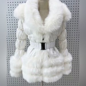 White Puffer Fur Trim Belted Women’s Coat size M